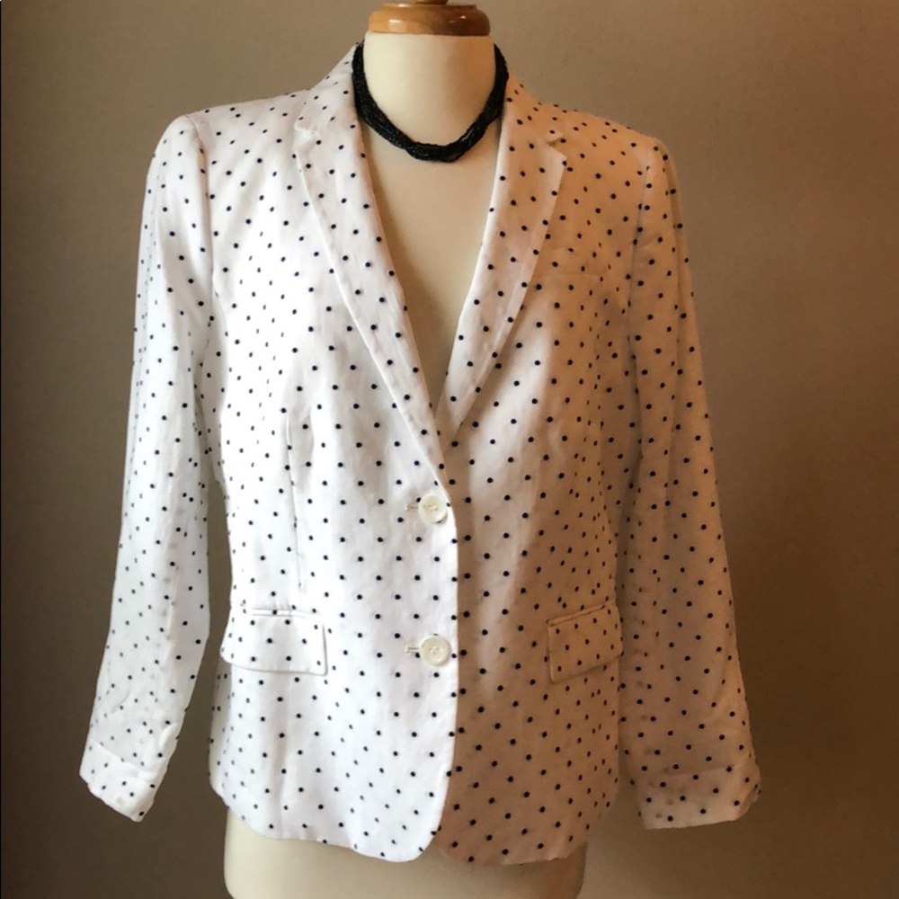 Talbots white linen blazer with navy dots